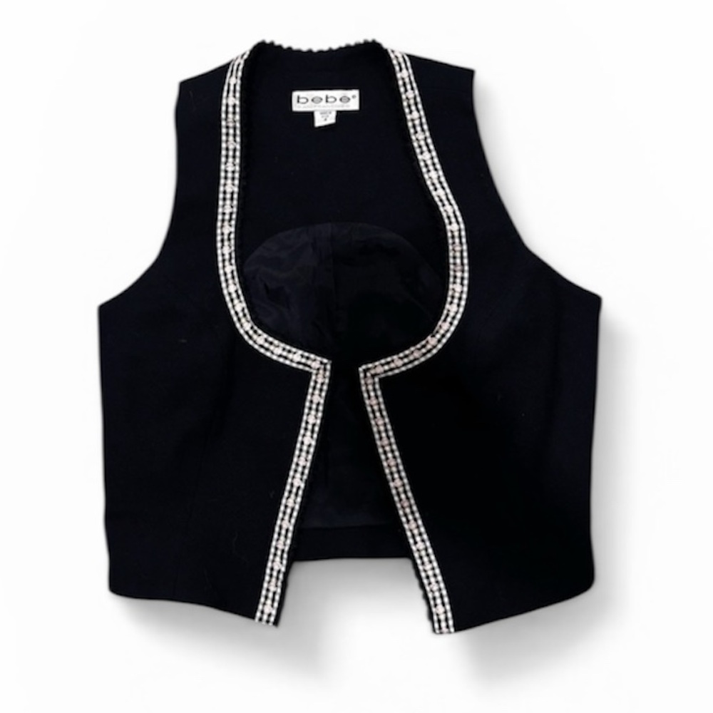 Vintage Bebe Rare Black Vest with Checkered Flowered Trim